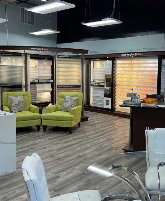 Store interior showcasing several different types of window coverings